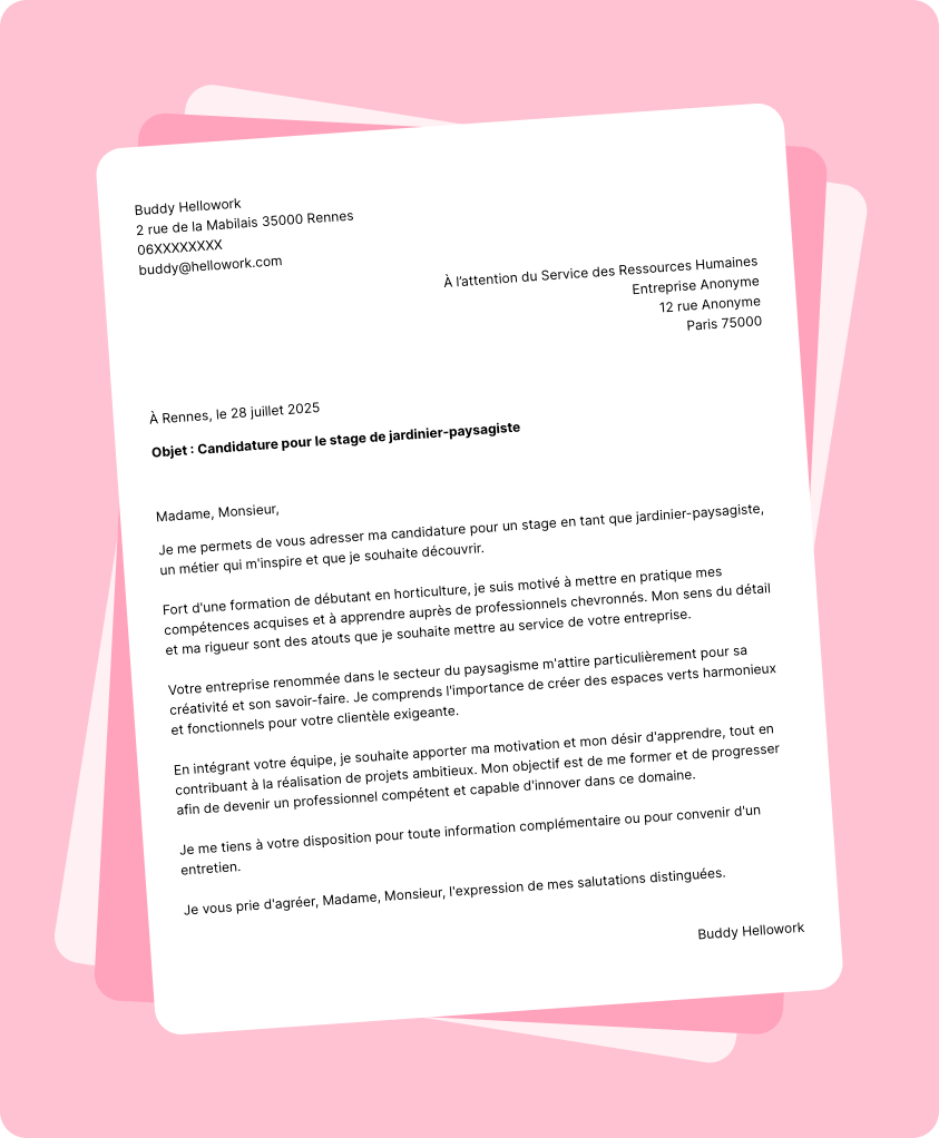Exemple lettre de motivation pour un stage Jardinier paysagiste