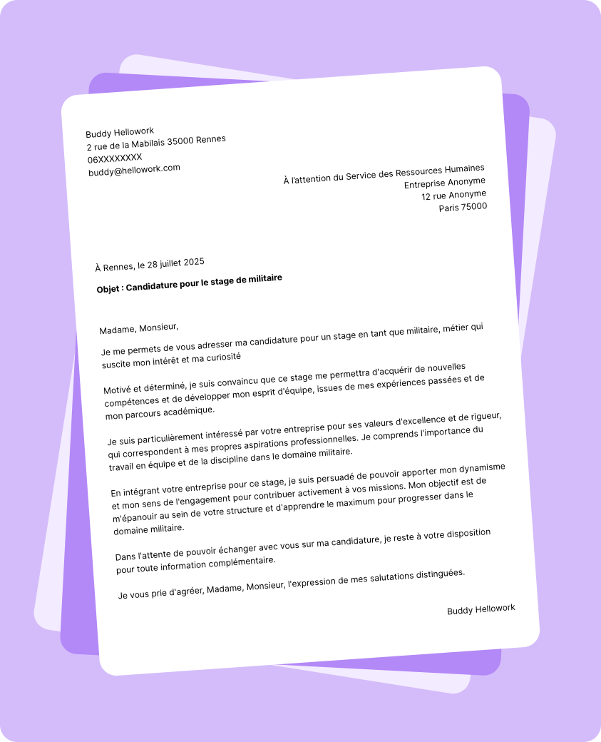 Exemple lettre de motivation pour un stage Militaire