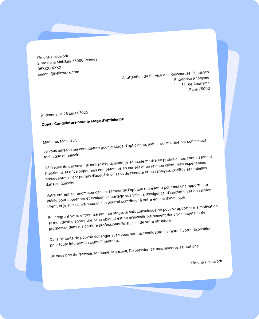 Modèle lettre de motivation pour un stage Opticien Exemple lettre de motivation pour un stage Opticien
