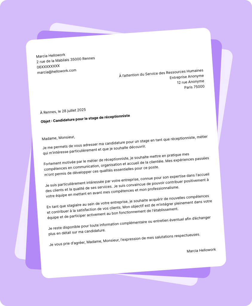 Exemple lettre de motivation pour un stage Réceptionniste