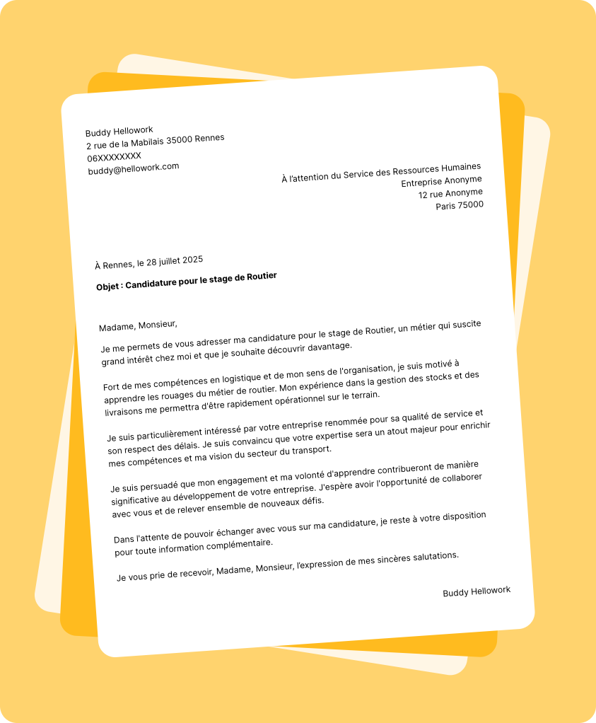 Exemple lettre de motivation pour un stage Chauffeur routier