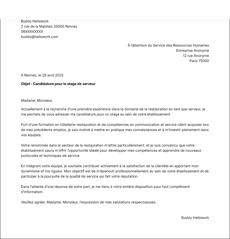 Exemple lettre de motivation pour un stage Serveur