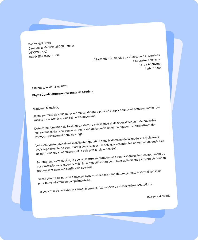 Exemple lettre de motivation pour un stage Soudeur