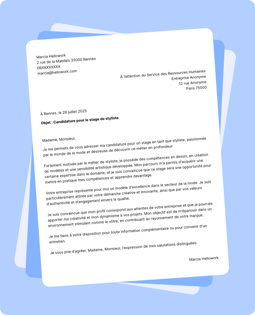 Exemple lettre de motivation pour Stage Styliste