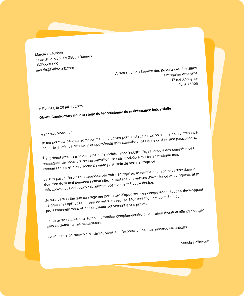 Exemple lettre de motivation pour un stage Technicien de maintenance industrielle