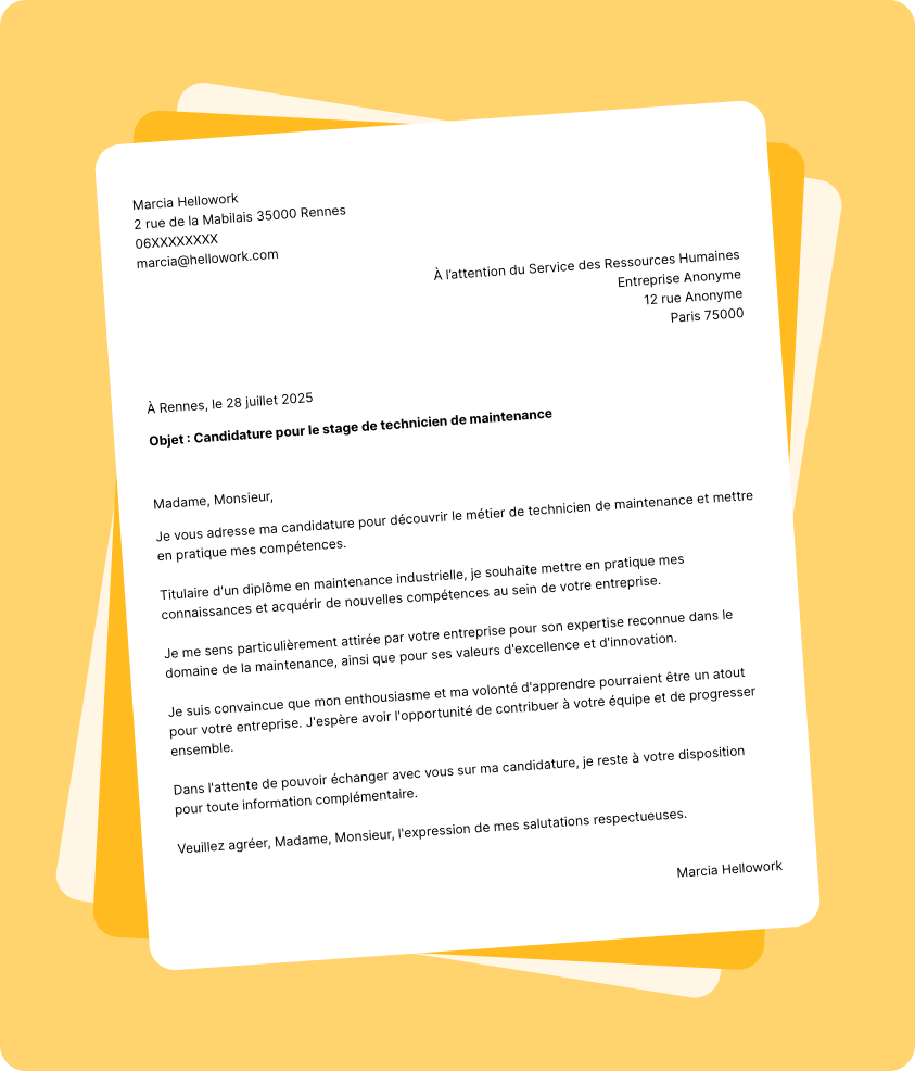 Exemple lettre de motivation pour un stage Technicien de maintenance