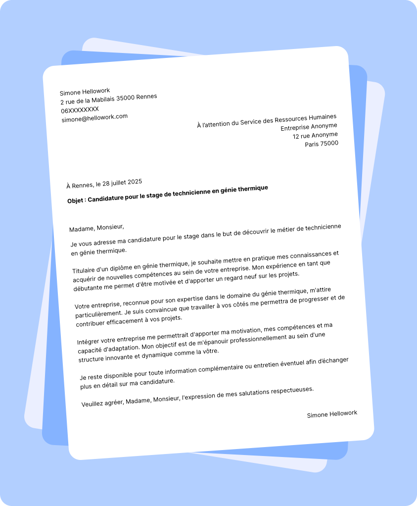 Exemple lettre de motivation pour un stage Installateur thermique