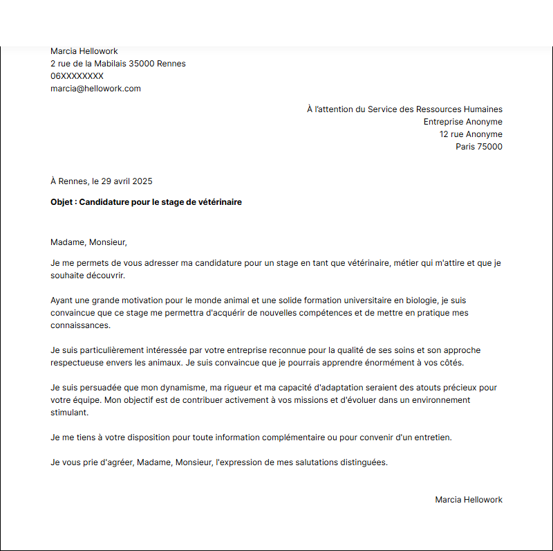 Modèle lettre de motivation pour un stage Vétérinaire Exemple lettre de motivation pour un stage Vétérinaire