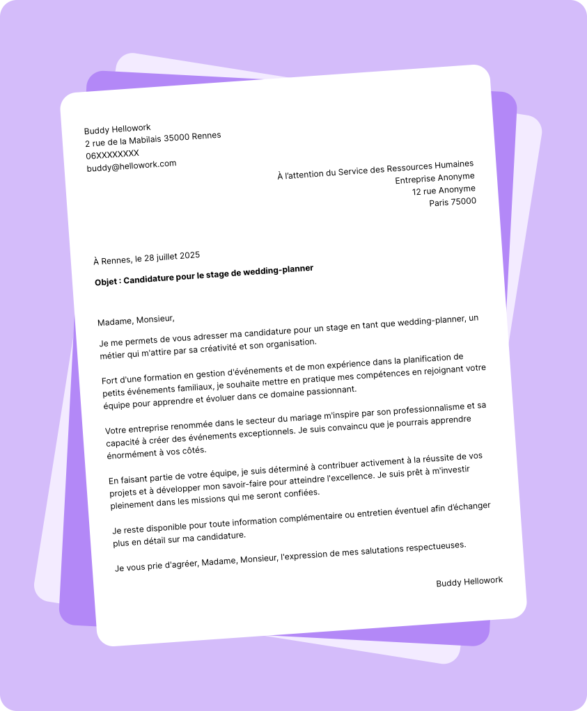 Modèle lettre de motivation pour un stage Wedding planner Exemple lettre de motivation pour un stage Wedding planner