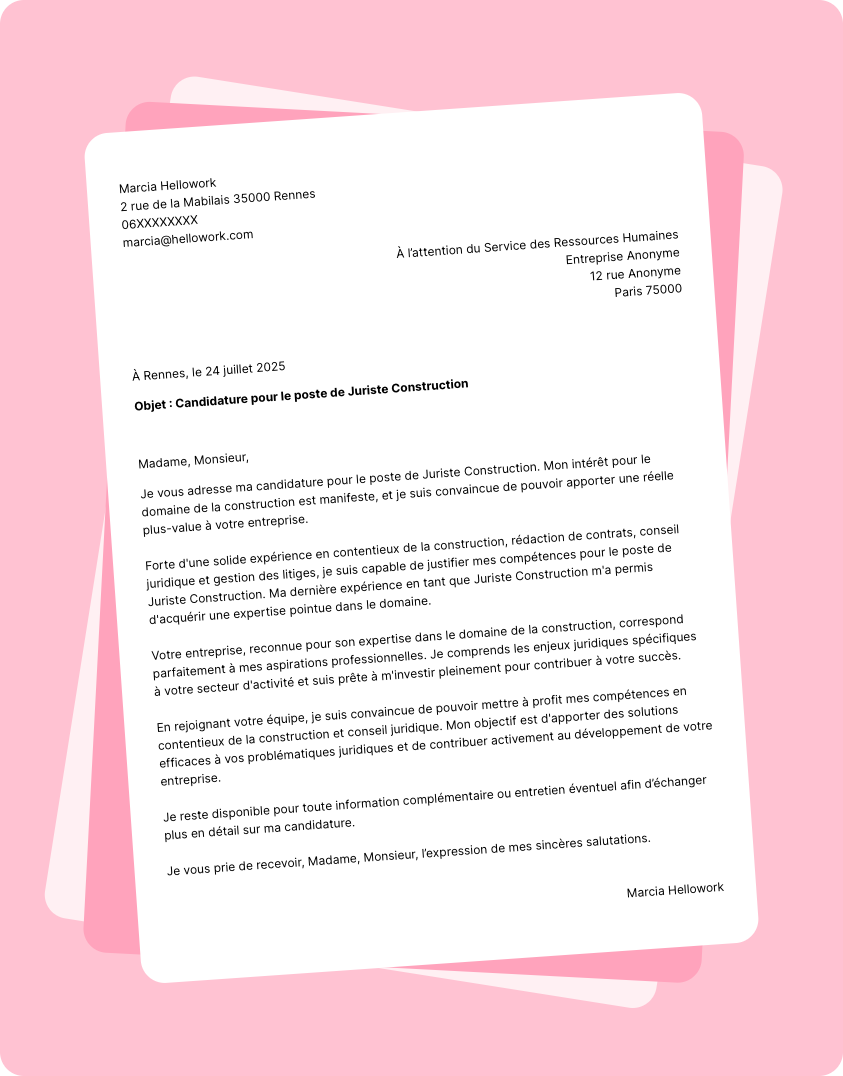 Exemple lettre de motivation Juriste construction
