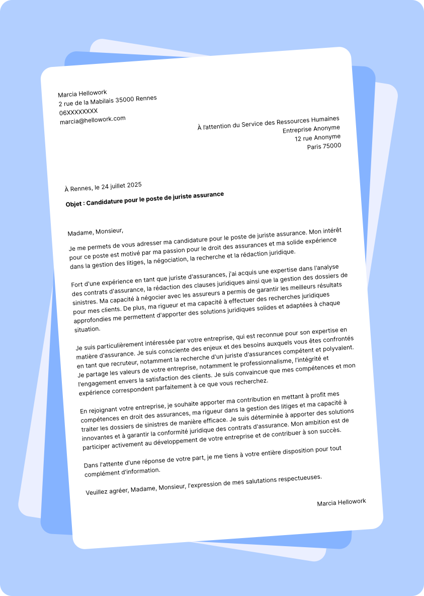 Exemple lettre de motivation Juriste assurance