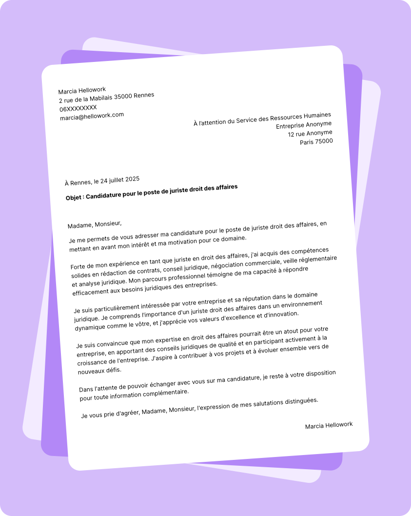 Exemple lettre de motivation Juriste droit des affaires