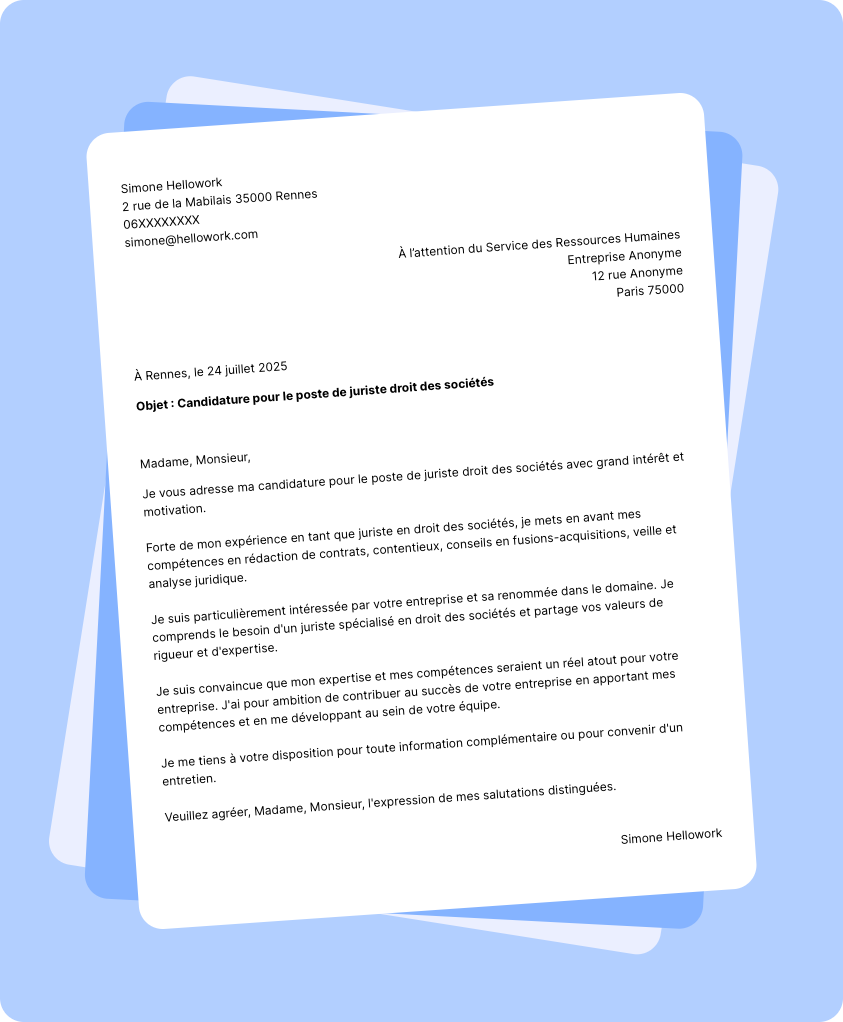 Modèle lettre de motivation Juriste droit des sociétés Exemple lettre de motivation Juriste droit des sociétés