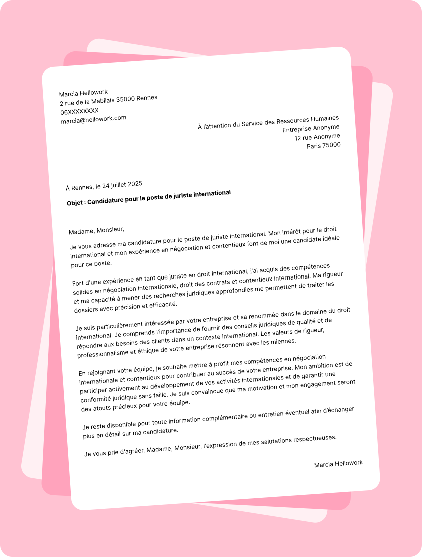 Exemple lettre de motivation Juriste international