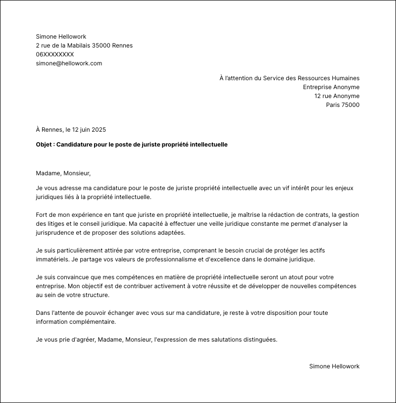 Modèle lettre de motivation Juriste propriété intellectuelle Exemple lettre de motivation Juriste propriété intellectuelle