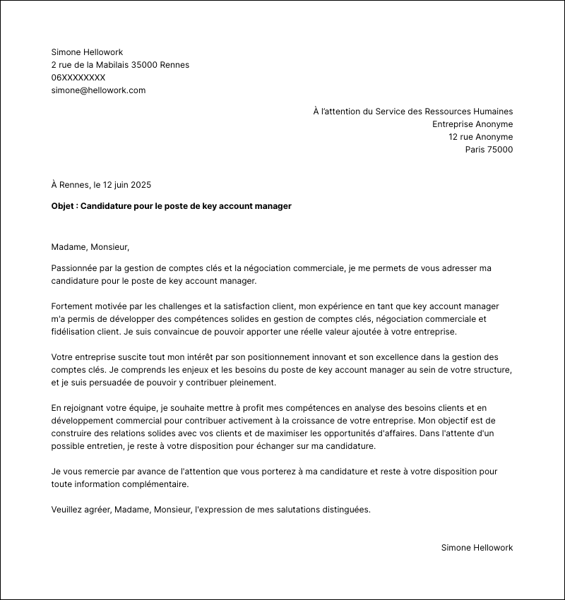 Modèle lettre de motivation Key account manager Exemple lettre de motivation Key account manager