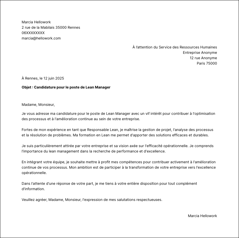 Modèle lettre de motivation Lean manager Exemple lettre de motivation Lean manager