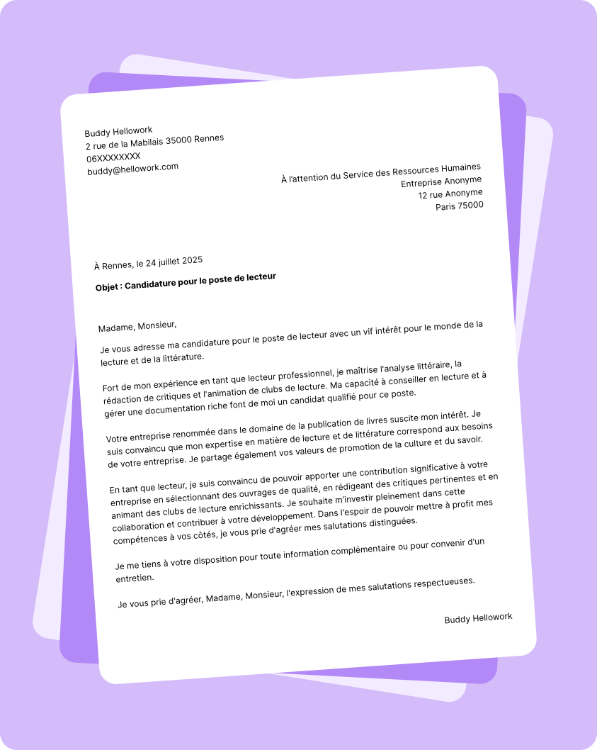 Exemple lettre de motivation Lecteur