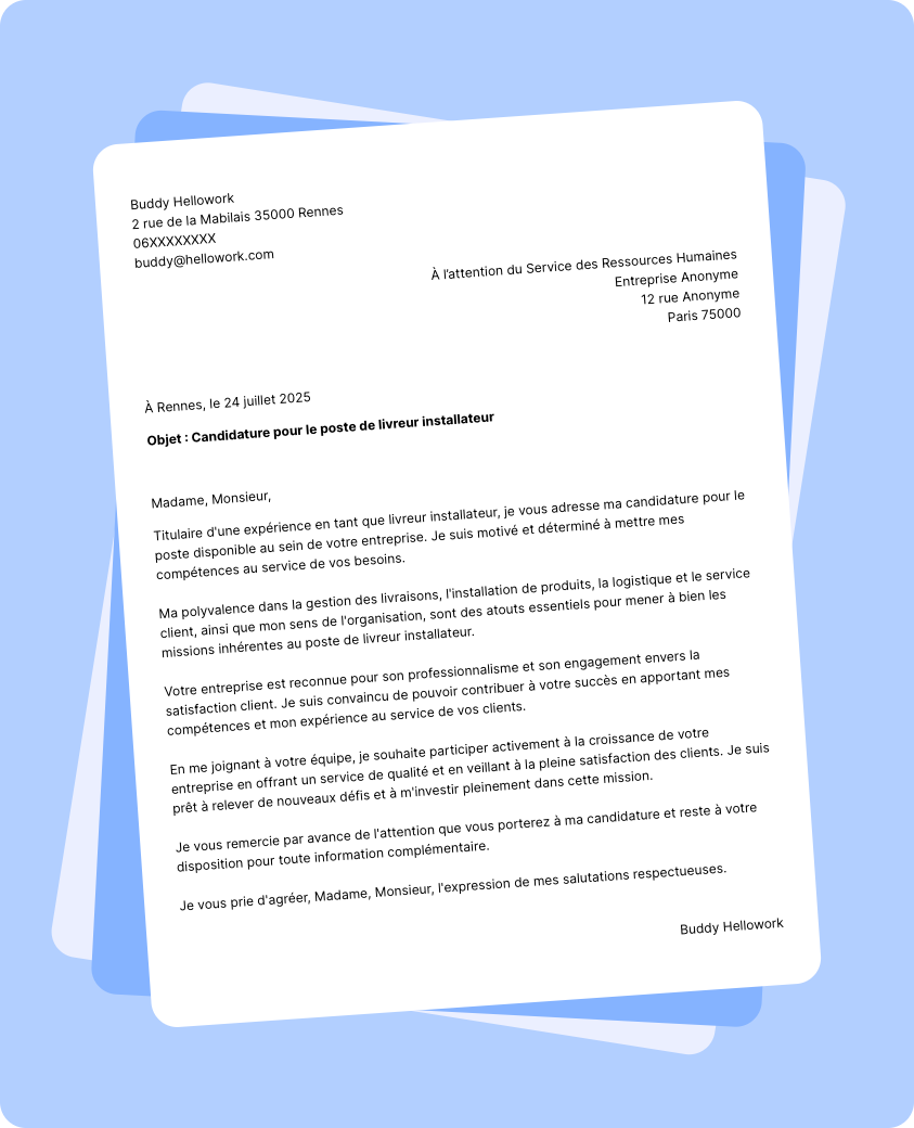 Exemple lettre de motivation Livreur installateur