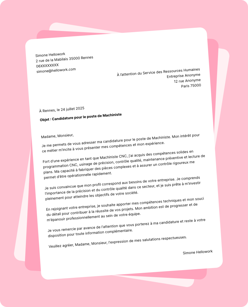 Modèle lettre de motivation Machiniste Exemple lettre de motivation Machiniste