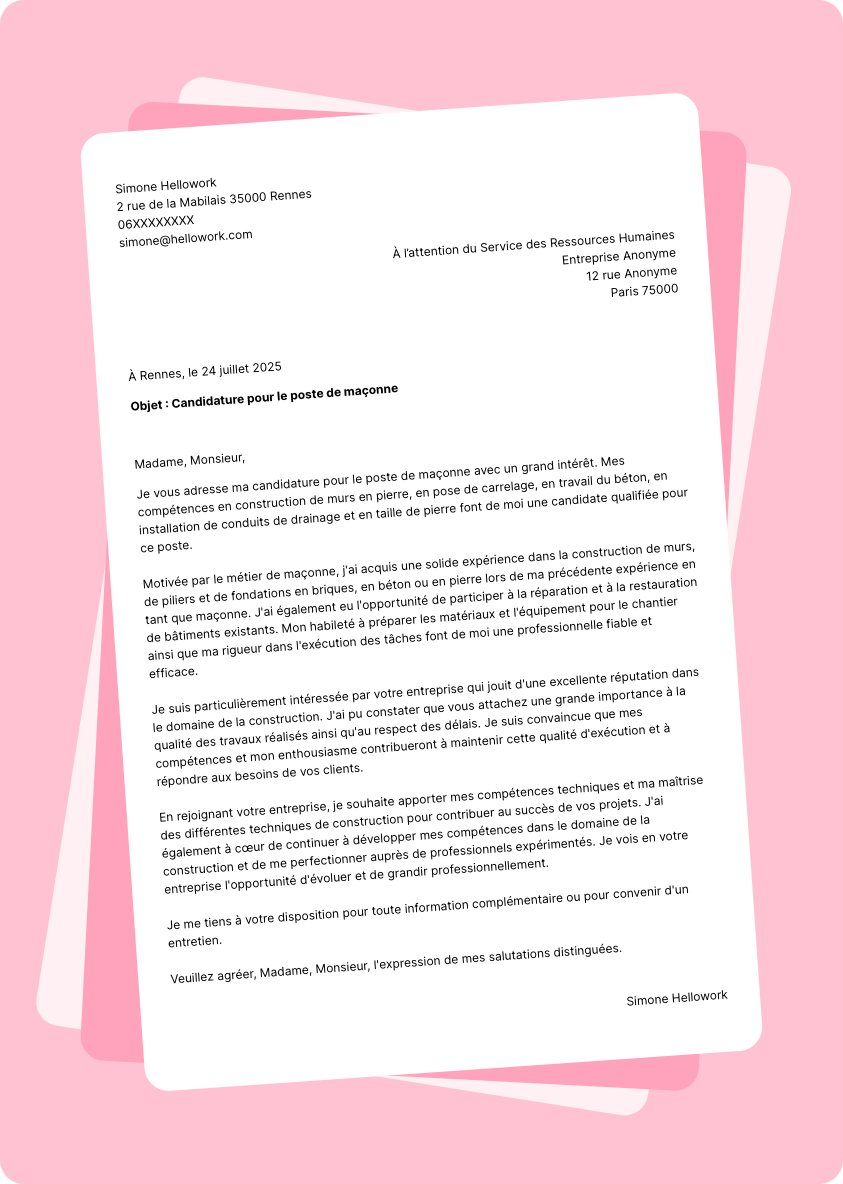 Exemple lettre de motivation Maçon