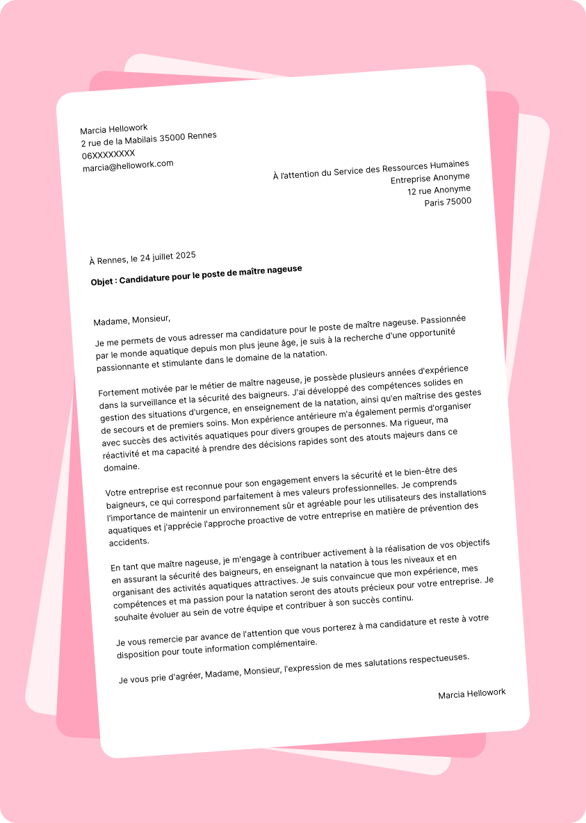 Exemple lettre de motivation Maître nageur