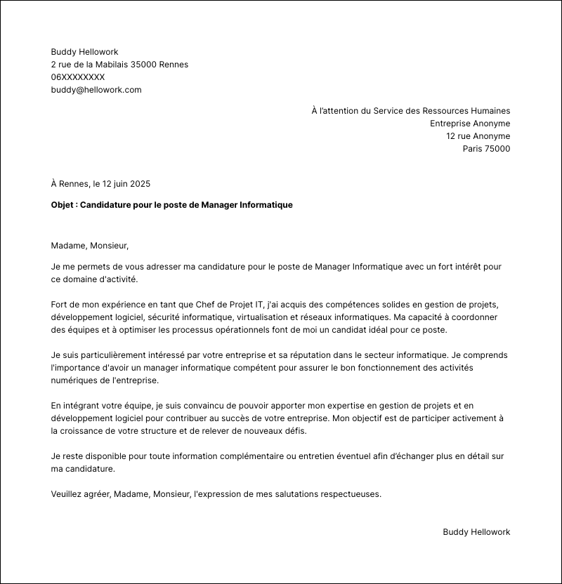 Modèle lettre de motivation Manager informatique Exemple lettre de motivation Manager informatique