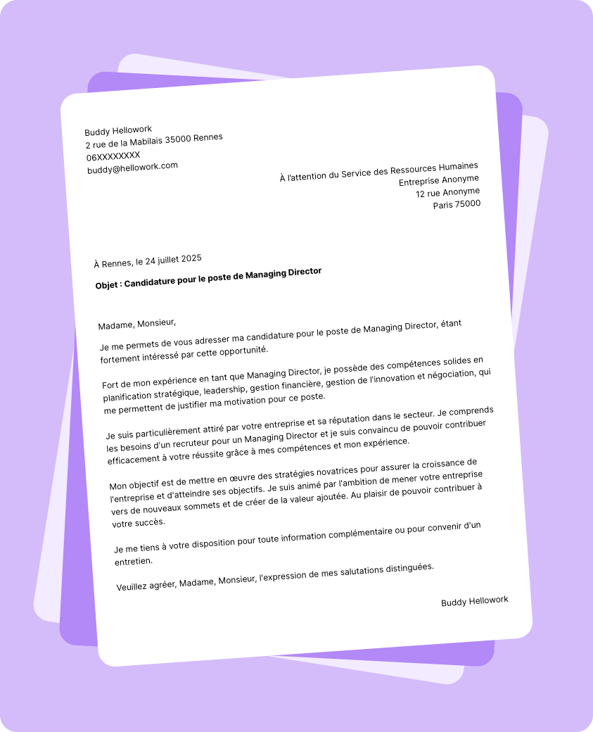 Exemple lettre de motivation Managing director