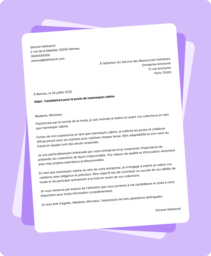 Exemple lettre de motivation Mannequin cabine