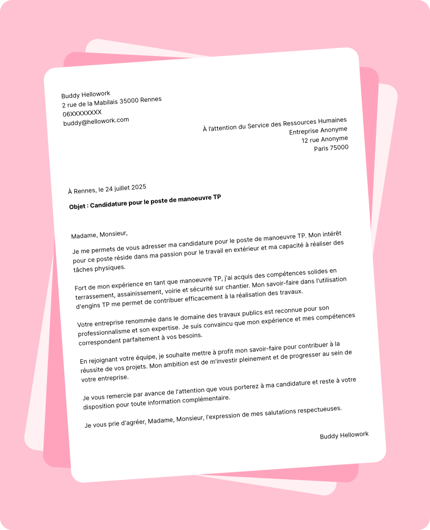 Modèle lettre de motivation Manoeuvre TP Exemple lettre de motivation Manoeuvre TP