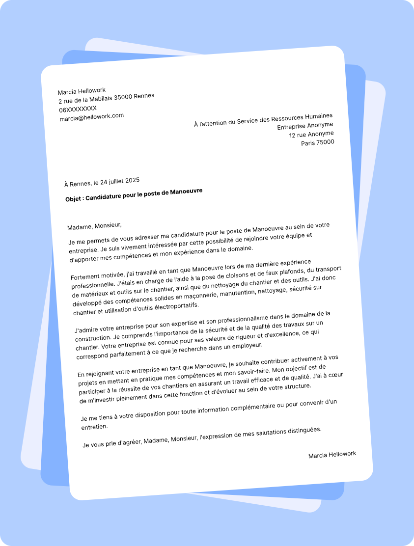 Modèle lettre de motivation Manoeuvre Exemple lettre de motivation Manoeuvre