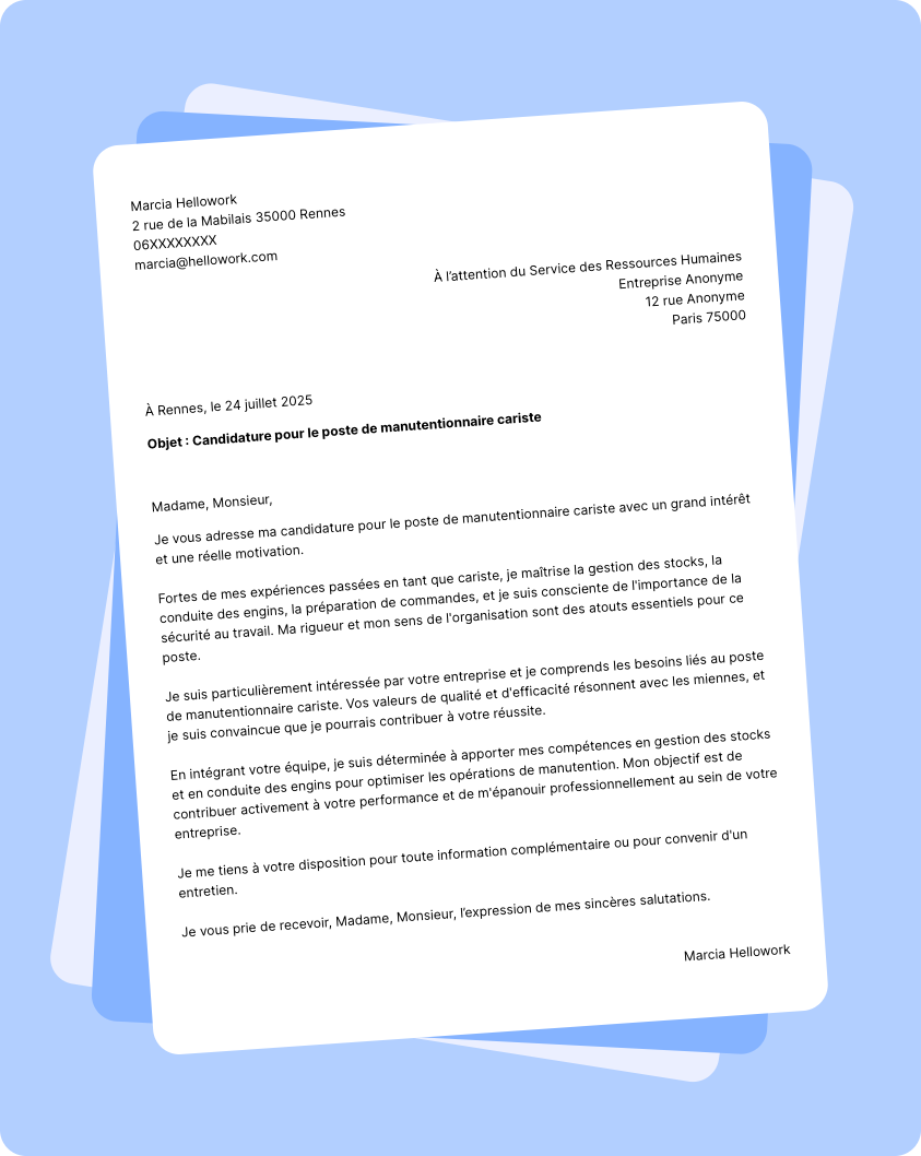 Modèle lettre de motivation Manutentionnaire cariste Exemple lettre de motivation Manutentionnaire cariste