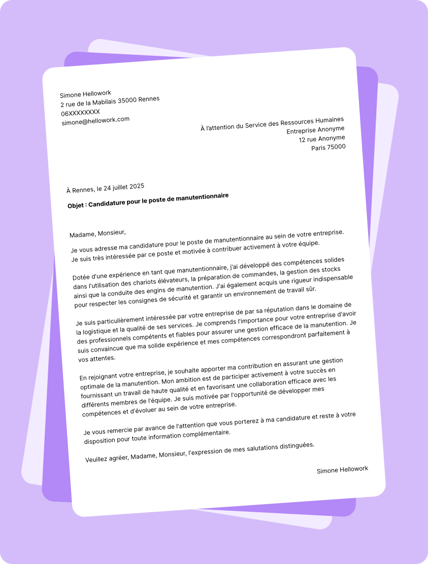 Modèle lettre de motivation Manutentionnaire Exemple lettre de motivation Manutentionnaire