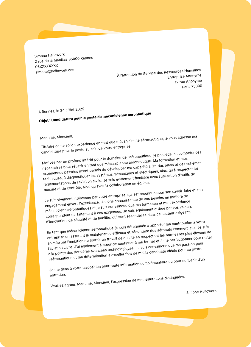 Exemple lettre de motivation Mécanicien aéronautique