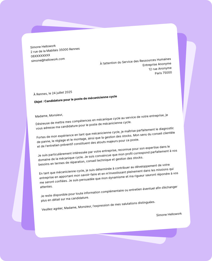Modèle lettre de motivation Mécanicien cycle Exemple lettre de motivation Mécanicien cycle