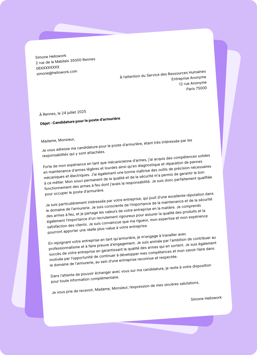 Exemple lettre de motivation Armurier