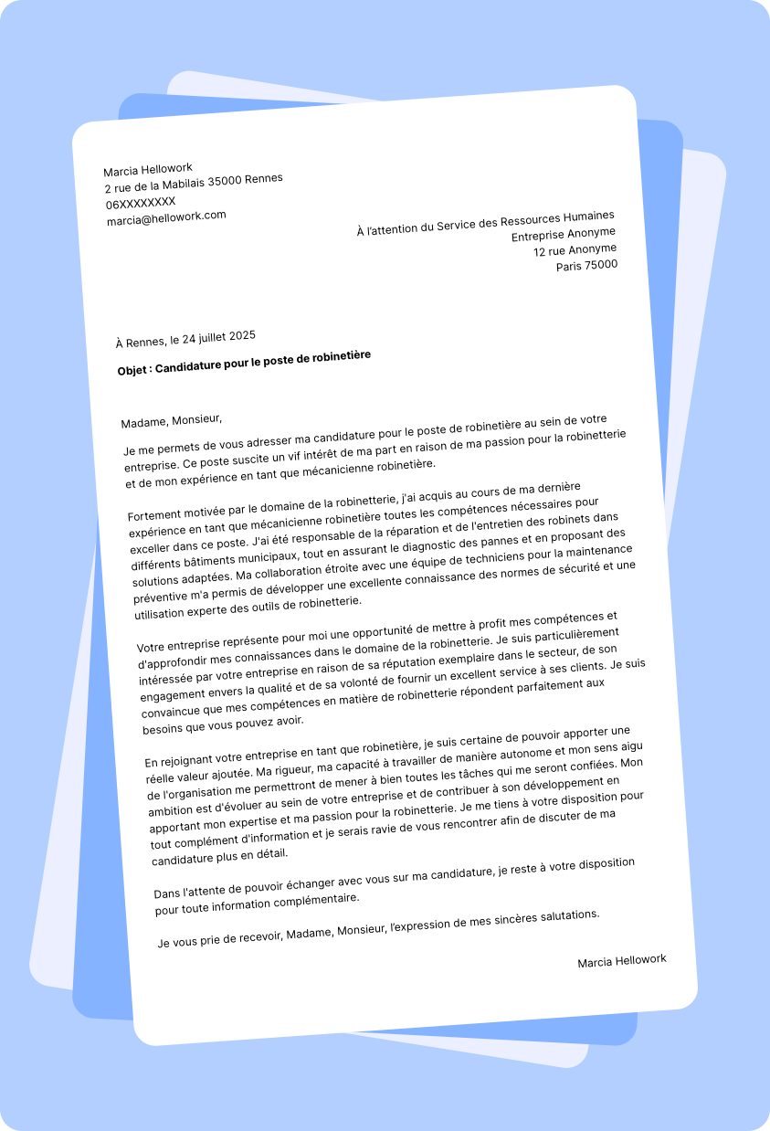 Modèle lettre de motivation Robinetier Exemple lettre de motivation Robinetier