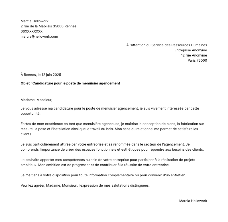 Modèle lettre de motivation Menuisier agencement Exemple lettre de motivation Menuisier agencement