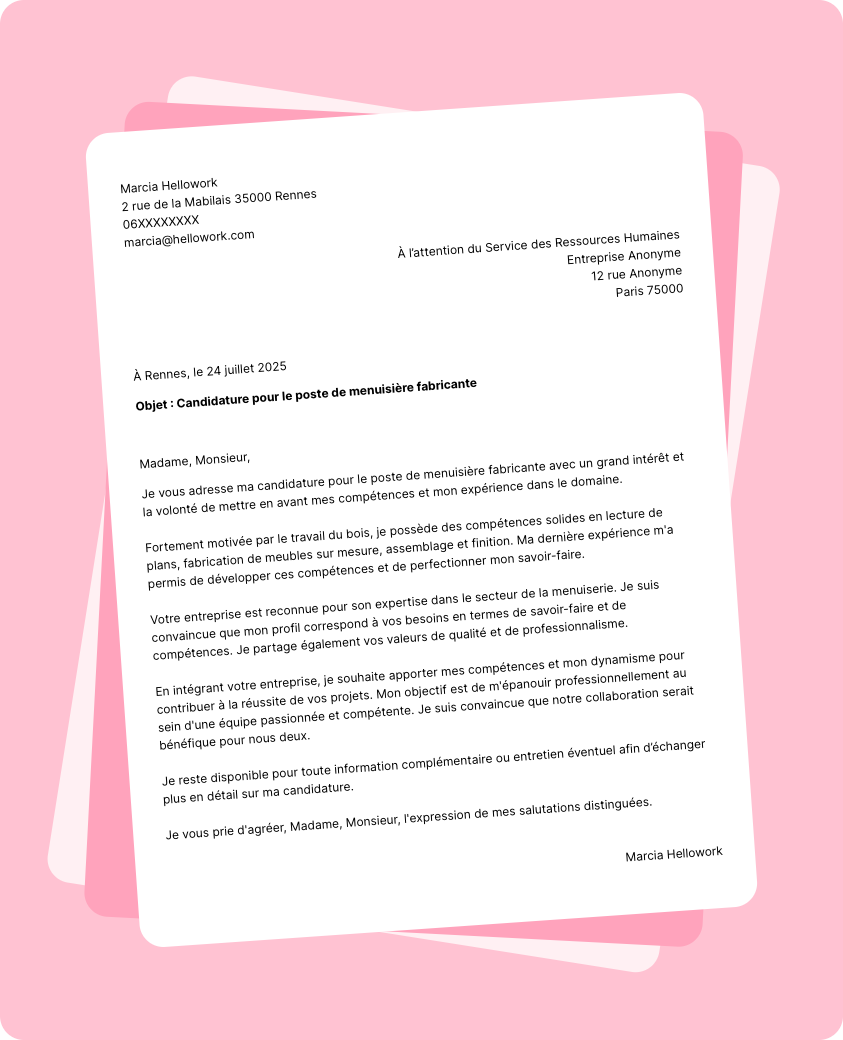 Exemple lettre de motivation Menuisier fabricant