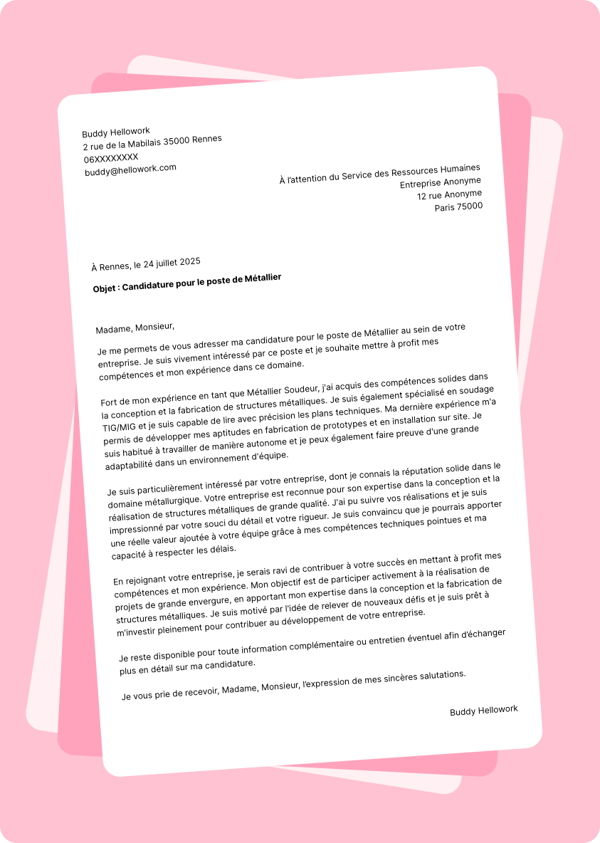 Exemple lettre de motivation Métallier