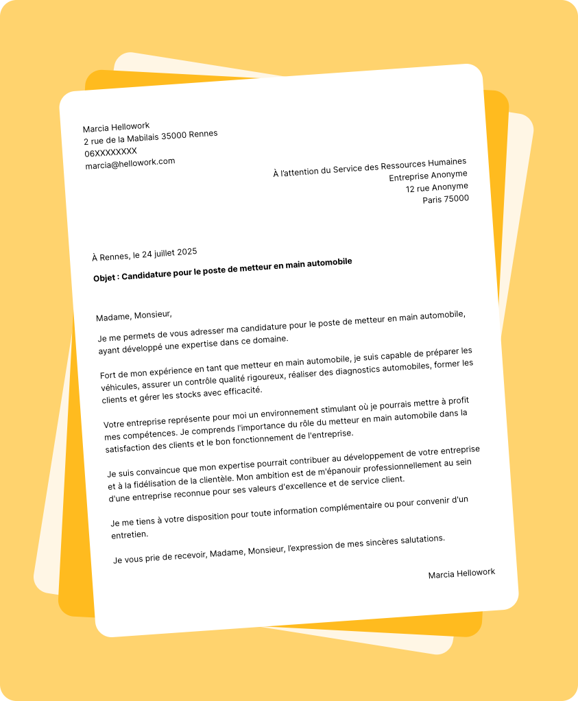 Exemple lettre de motivation Metteur en main automobile