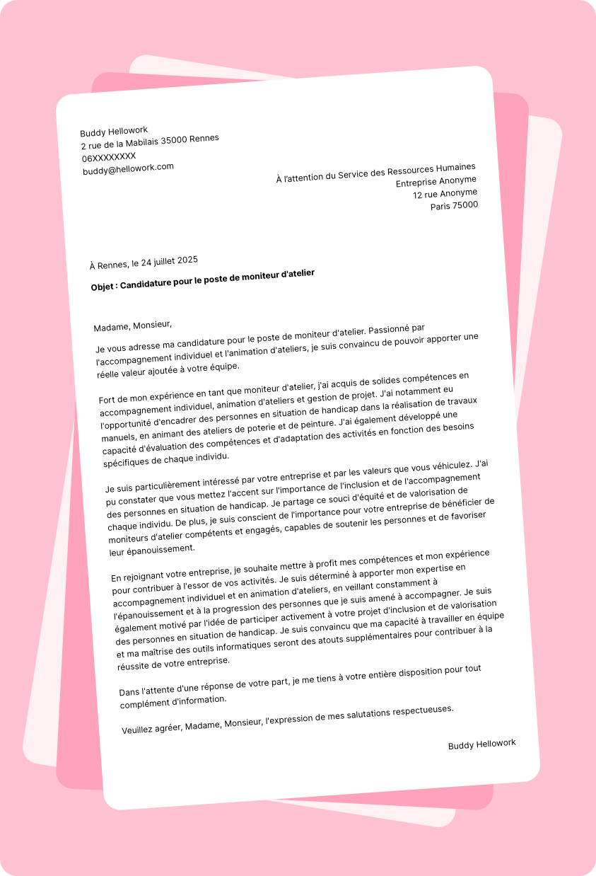 Modèle lettre de motivation Moniteur d'atelier Exemple lettre de motivation Moniteur d'atelier