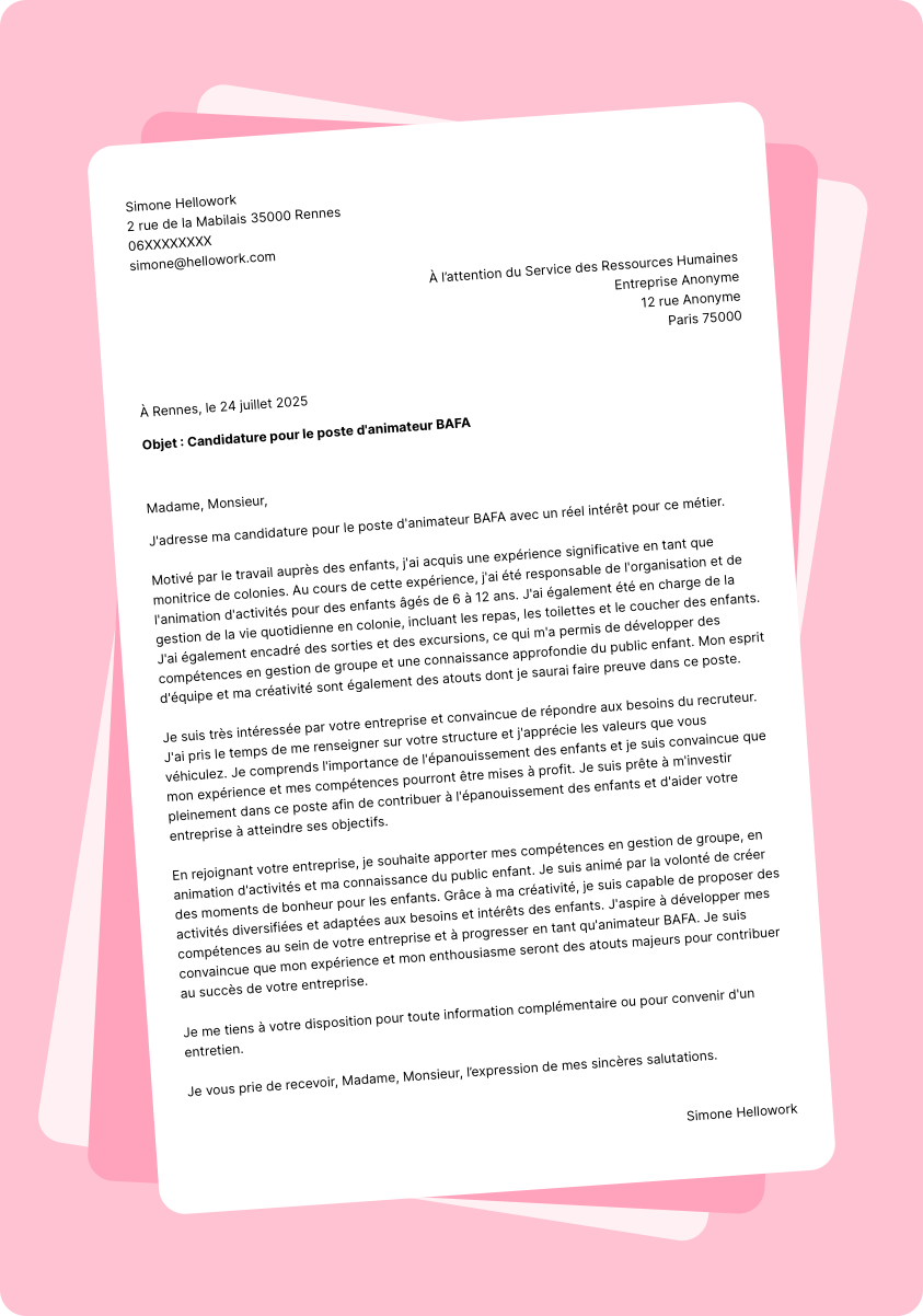 Modèle lettre de motivation Animateur BAFA Exemple lettre de motivation Animateur BAFA