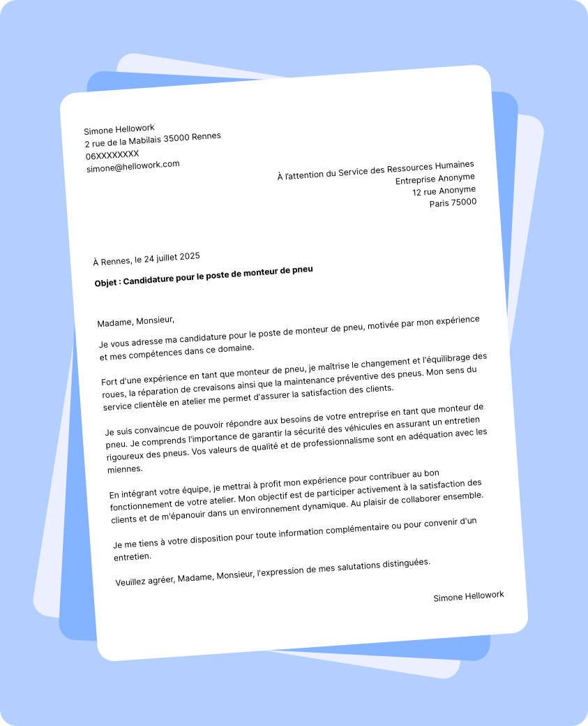 Exemple lettre de motivation Monteur de pneu