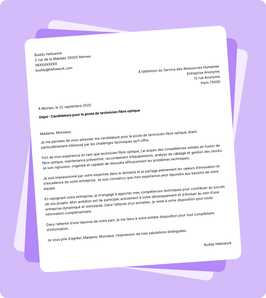 Exemple lettre de motivation Technicien fibre optique