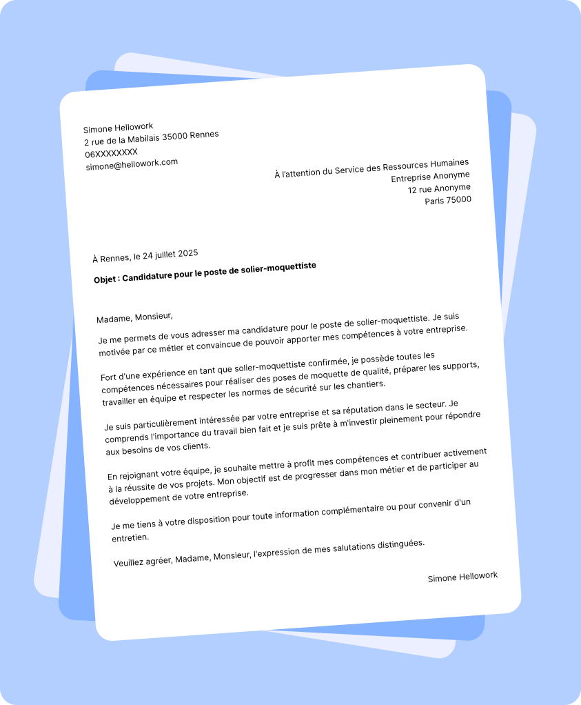 Exemple lettre de motivation Solier-moquettiste