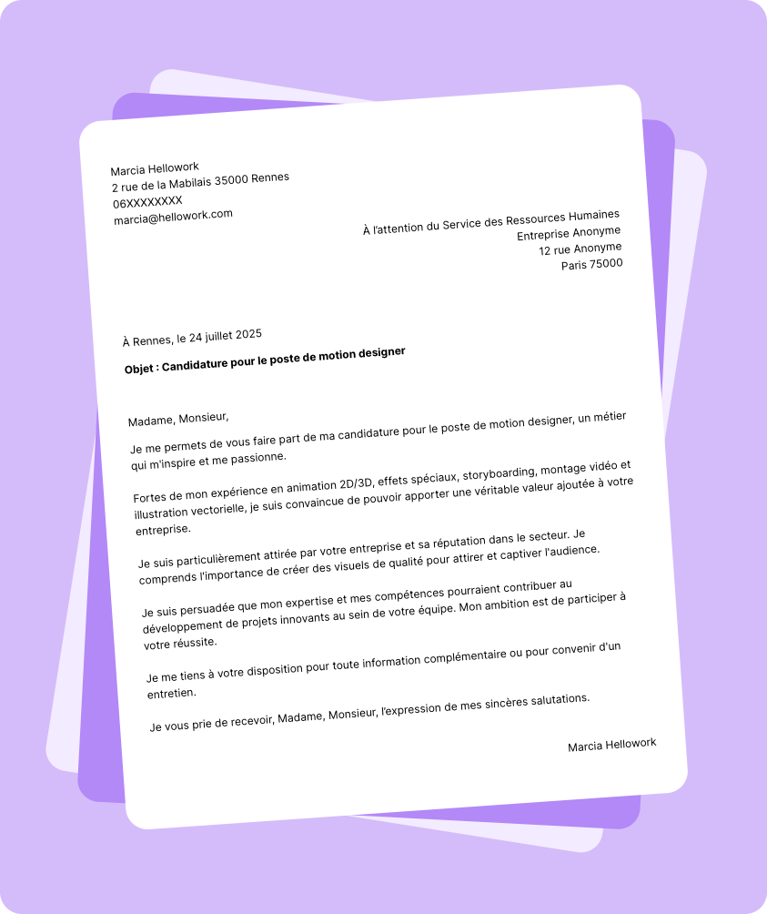Exemple lettre de motivation Motion designer