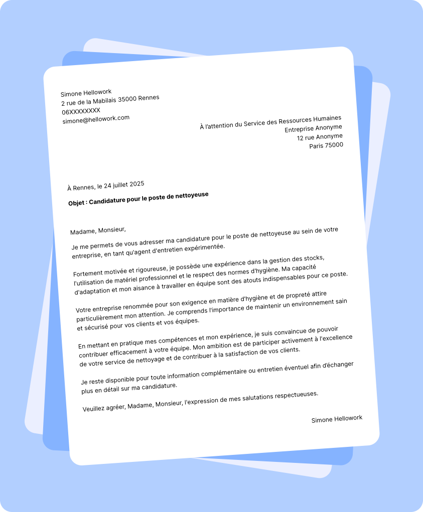 Modèle lettre de motivation Nettoyeur Exemple lettre de motivation Nettoyeur