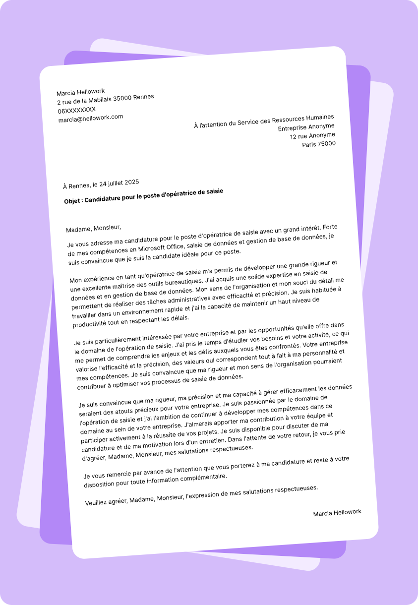 Modèle lettre de motivation Opérateur de saisie Exemple lettre de motivation Opérateur de saisie