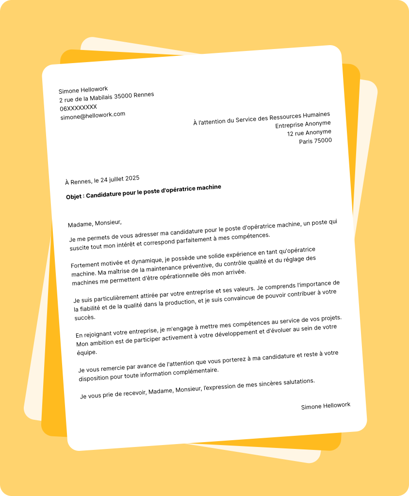 Exemple lettre de motivation Opérateur machine